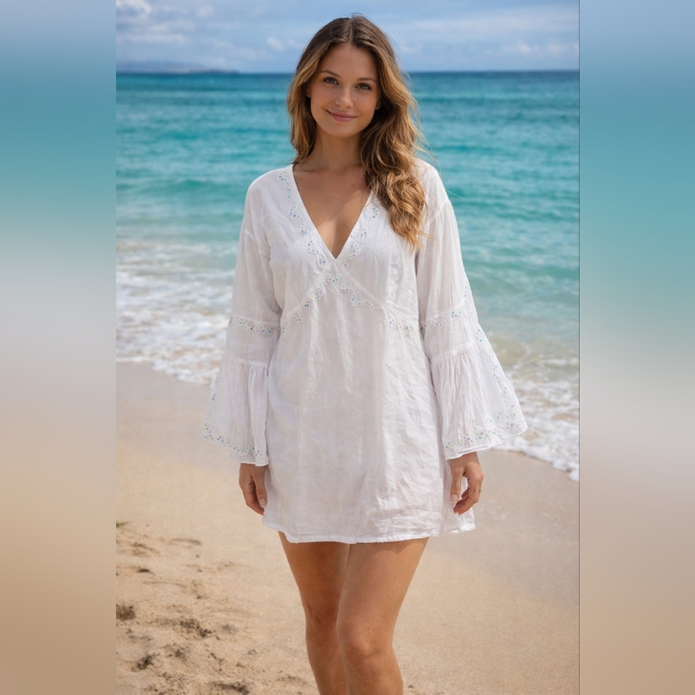 Blanc du Nil T1 (XS) White 100% Cotton Cover-Up Tunic Sequin Boho Resort Wear